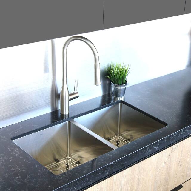 32"L x 18"W Double Basin Undermount Kitchen Sink with Grids and